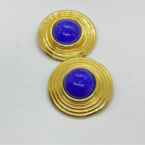 Vintage Xtra Large Round Faux Lapis Lazuli Cabachon Clip Earrings